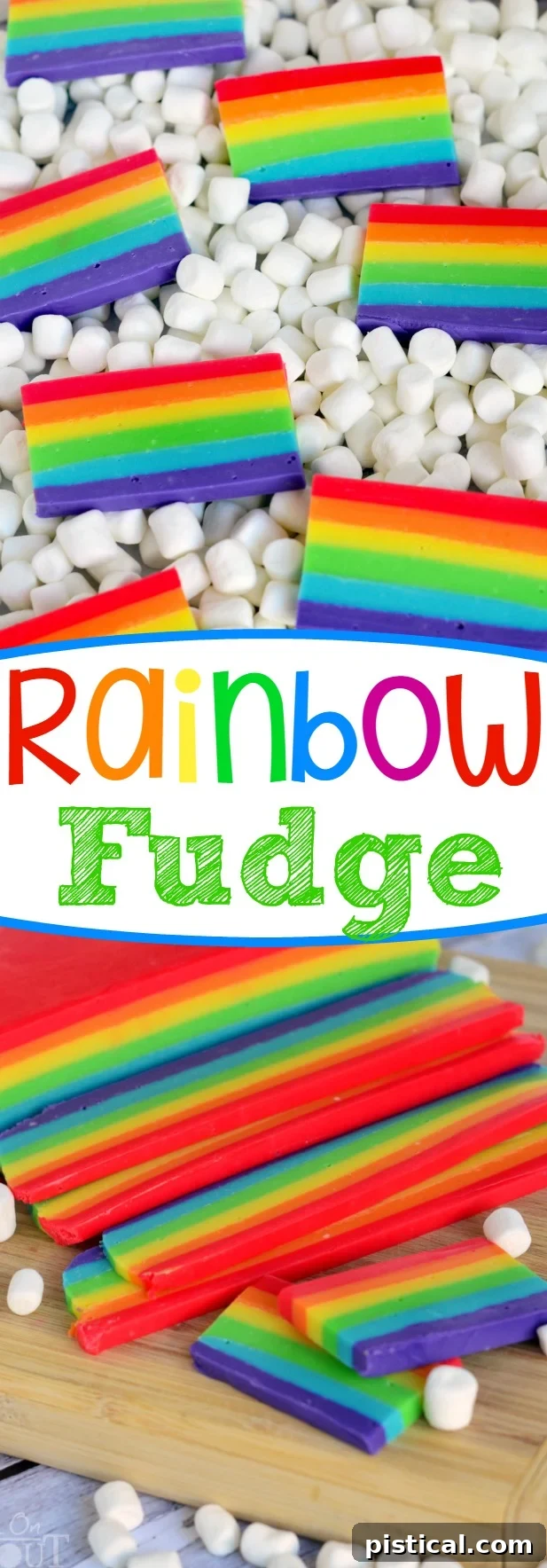 A tall, colorful stack of Easy Rainbow Fudge slices, perfectly layered and visually appealing.