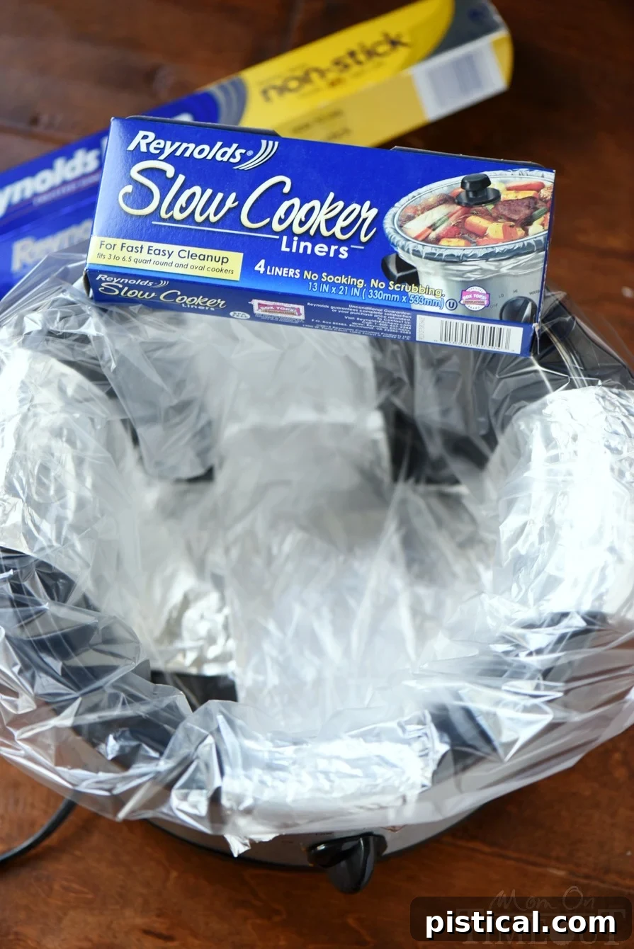 Effortless Slow Cooker Carrot Cake with Dreamy Cream Cheese Frosting 4 Reynolds Slow Cooker Liners ready to be used for easy cleanup after baking.