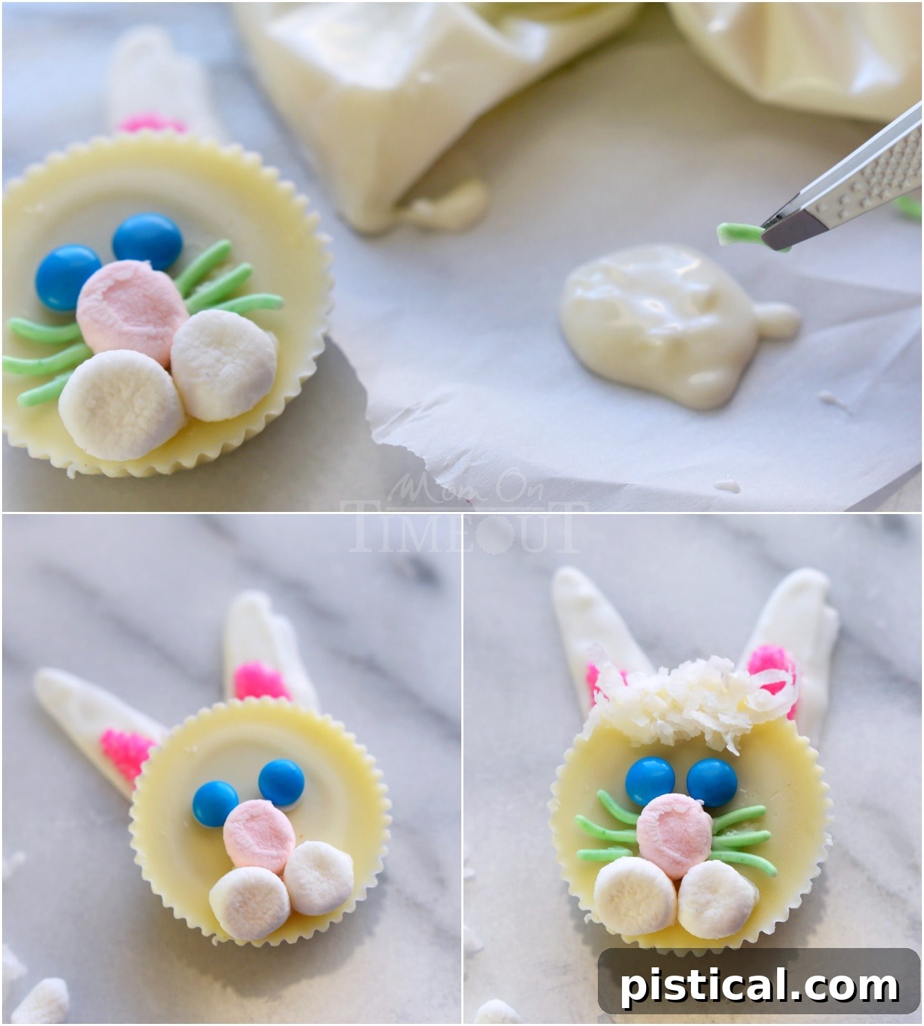Final assembly steps for Reese's Easter Bunnies with M&M eyes and sprinkle whiskers
