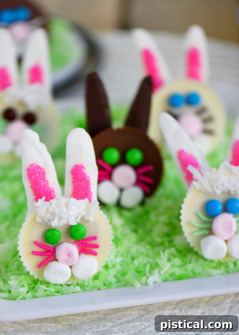 Reese's Easter Bunnies displayed beautifully on green coconut grass
