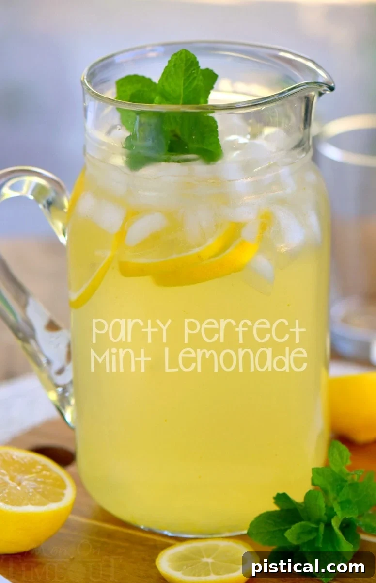 Refreshing Mint Lemonade in a glass pitcher with lemon slices and fresh mint leaves, perfect for a hot day or party.