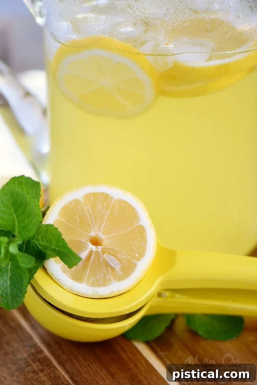 Clear glass with Party Perfect Mint Lemonade, fresh mint, and lemon slices. The condensation on the glass emphasizes its refreshing chill.