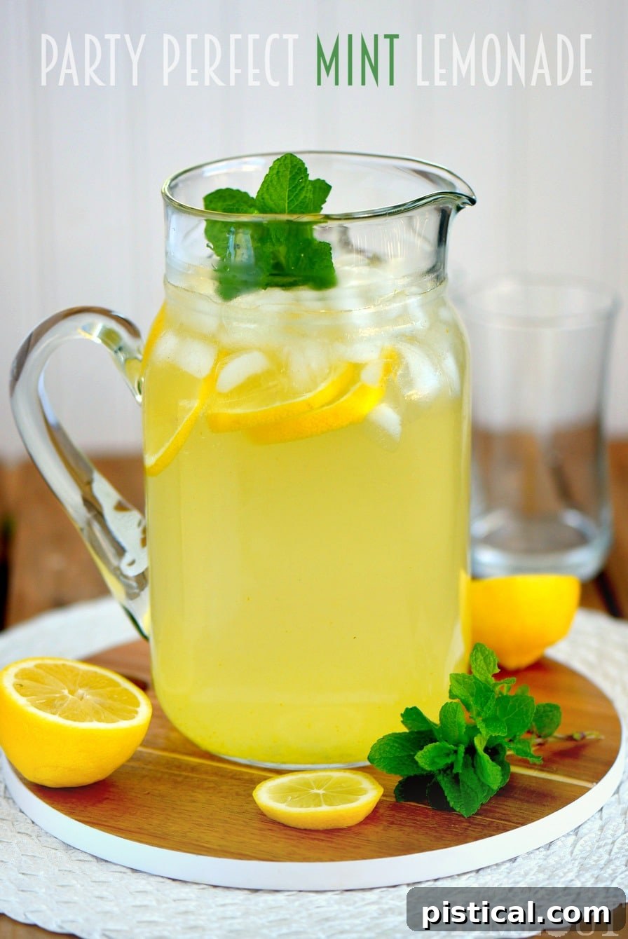 A vibrant glass of mint lemonade, expertly garnished with a lemon wedge and a sprig of fresh mint, against a bright background.