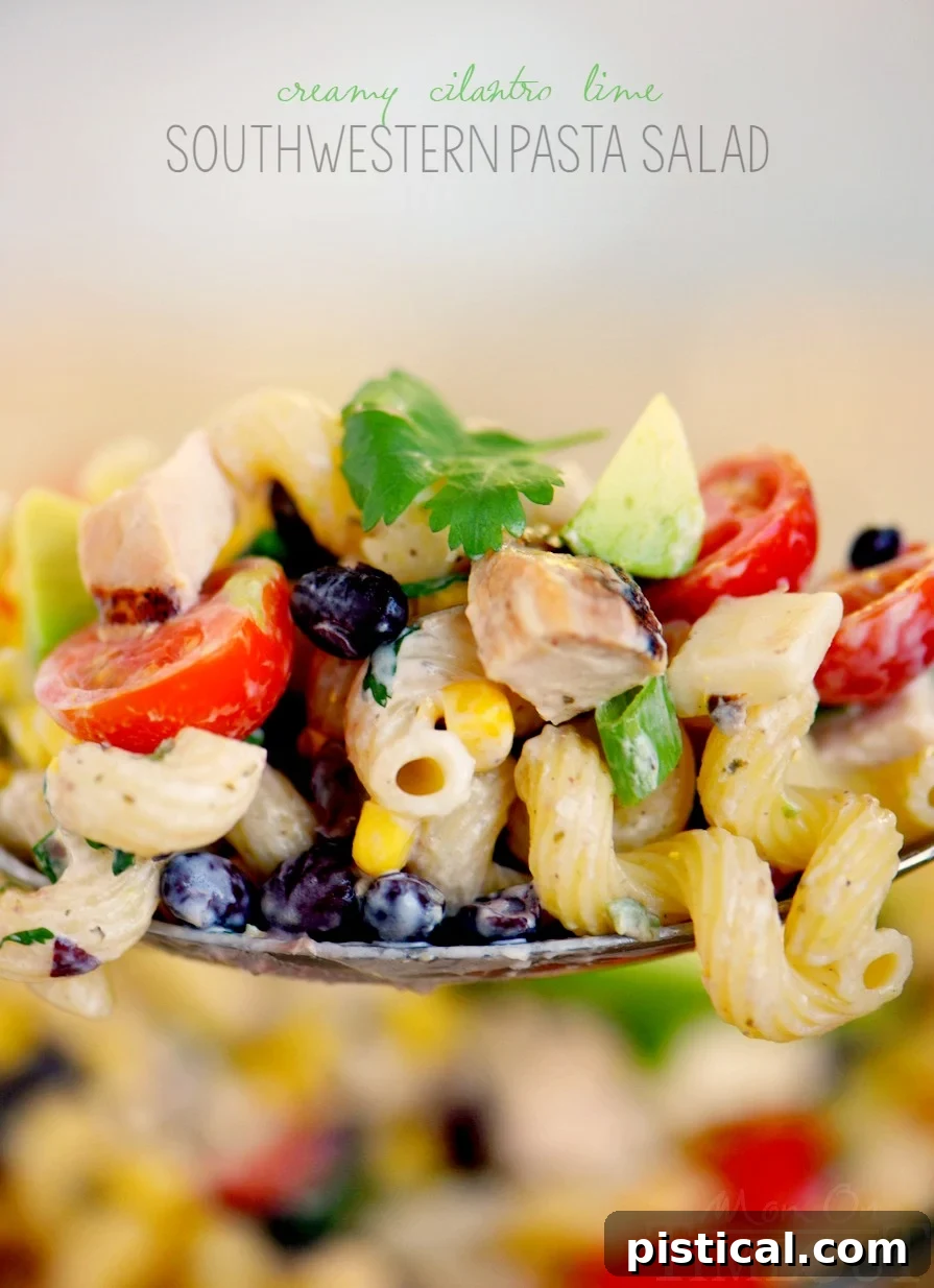 This Creamy Cilantro Lime Southwestern Pasta Salad recipe is satisfying enough for an easy dinner or a tasty addition to any party, BBQ or get together! Grilled chicken, black beans, corn, tomatoes, and a creamy cilantro lime dressing make this pasta salad exceptionally delicious!