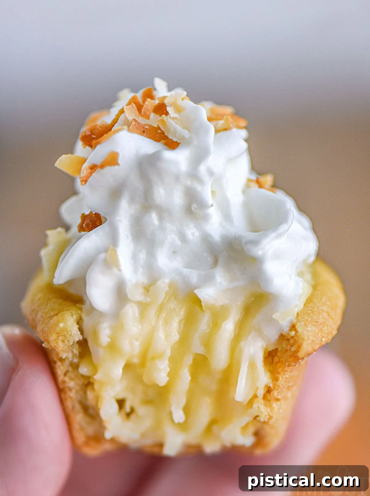 A hand gently holds up a single, delightful mini coconut cream pie cookie cup, showcasing a perfect bite taken from its side. The crisp sugar cookie crust is visible, holding a creamy, white coconut custard filling. The top is adorned with a swirl of fresh whipped cream and lightly toasted coconut flakes, highlighting its appealing texture and tempting flavor.