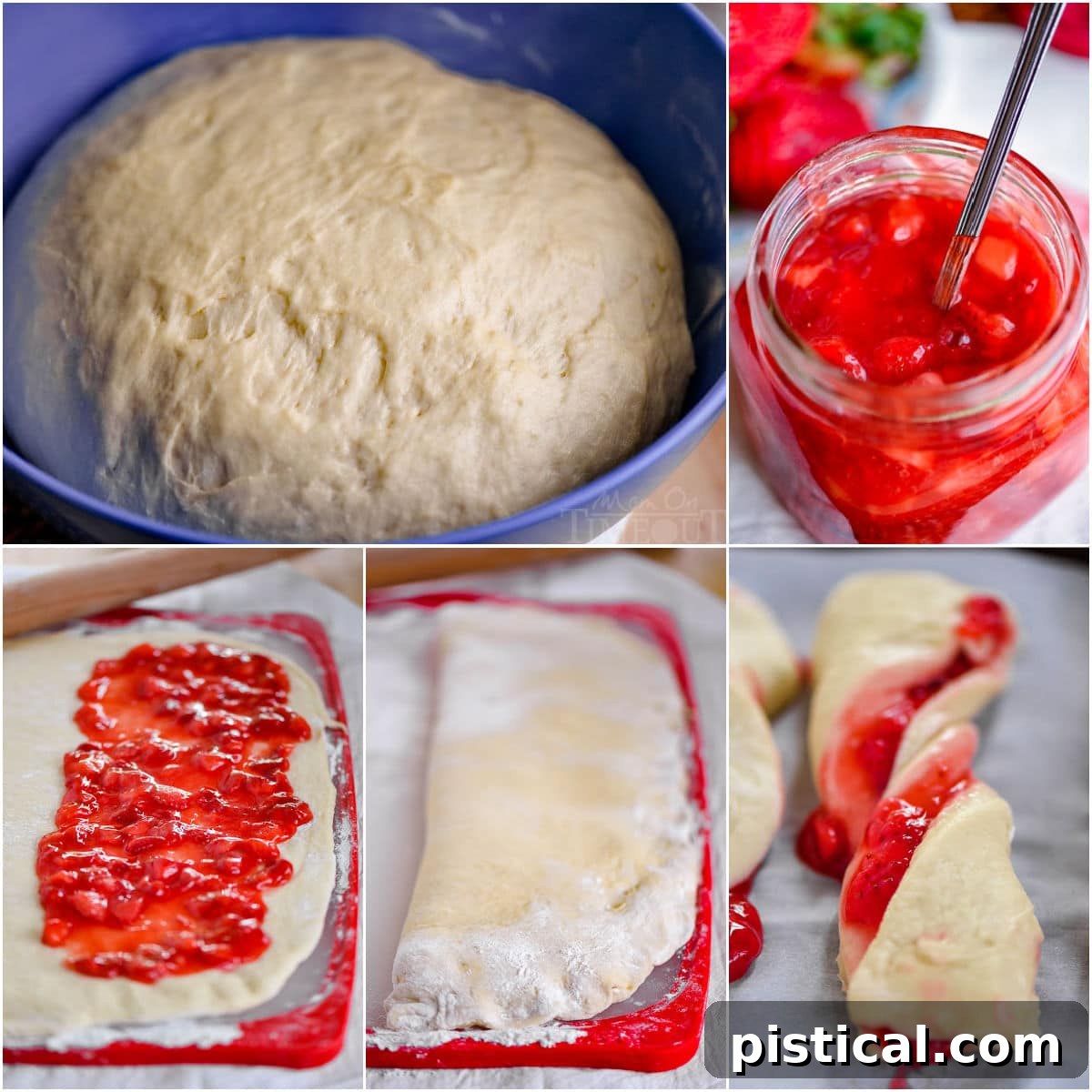 Ruby Ripple Twists 4 A collage of process shots illustrating the step-by-step creation of strawberry twists, from rolling the dough to forming the twists.