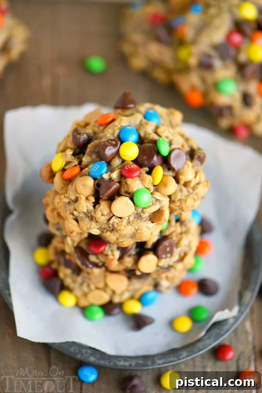 Freshly baked Monster Peanut Butter Oatmeal Cookies piled high on a white plate, showcasing their chunky texture and vibrant M&M's.