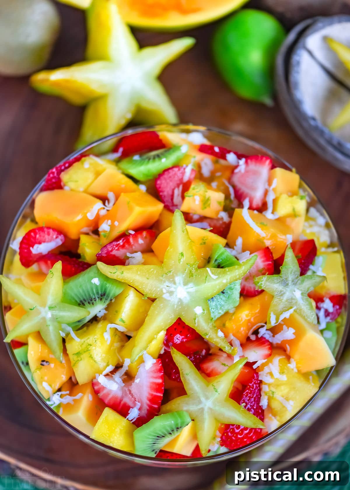 Island Fruit Medley with Zesty Honey Glaze 5 top down look at fruit salad with a star fruit right on top.