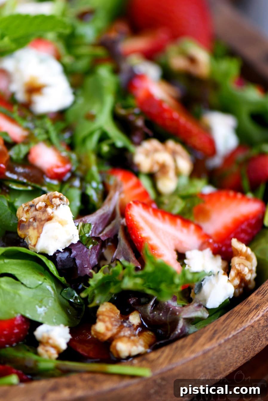 Delicious Strawberry Spinach Salad with Gorgonzola, mint, and walnuts, ready to serve