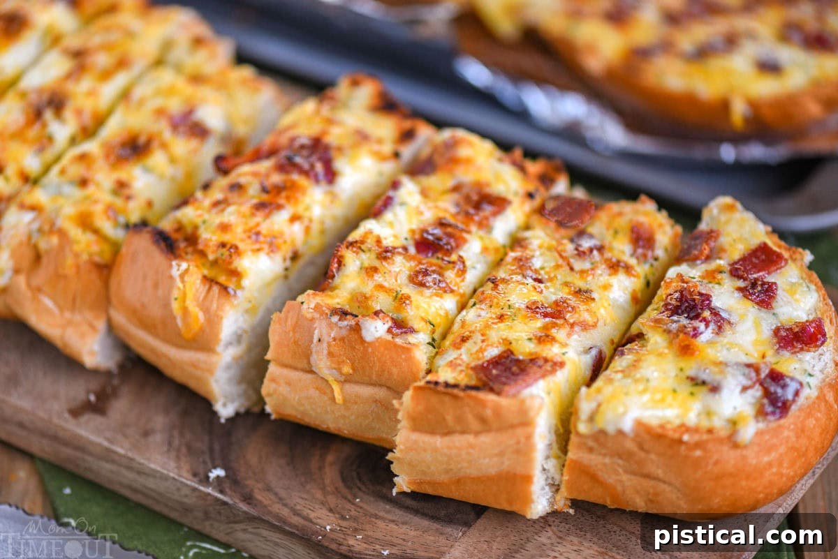 Wide shot of a half loaf of cheese bread cut into slices and ready to serve.