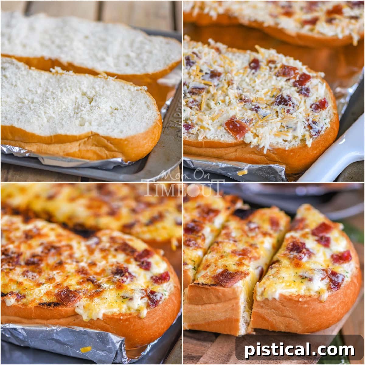 Four image collage showing how to prep, assemble and bake cheesy bread with bacon and ranch.