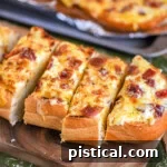Wide shot of a half loaf of cheese bread cut into slices and ready to serve.