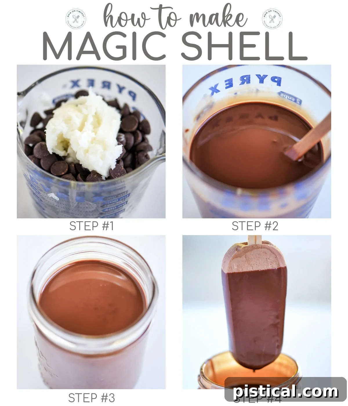 Four image graphic showing how to make chocolate magic shell recipe step by step.