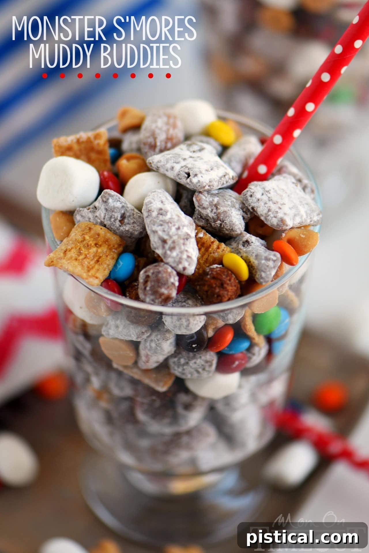 Close-up of Monster S'mores Muddy Buddies featuring roasted almonds, peanut butter, and marshmallows