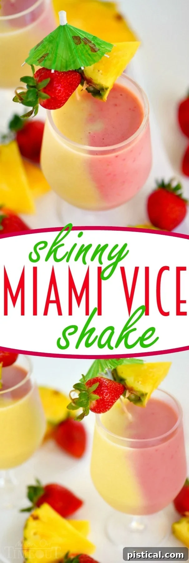 Two Skinny Miami Vice Shakes with fresh fruit and tropical garnishes.