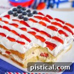 Effortless Berry Pull-Apart Cheesecake 6 Flag decorated Hawaiian roll dessert made with no bake cheesecake and fresh berries.