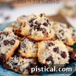 Simple Four Ingredient Coconut Almond Chocolate Cookies 6 almond joy cookies piles high on a blue plate with title overlay at top