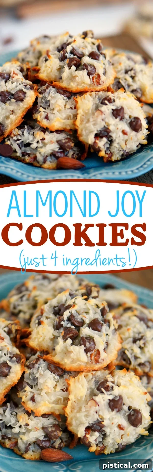Simple Four Ingredient Coconut Almond Chocolate Cookies 7 These easy Almond Joy Cookies take just four ingredients and don't even require a mixer! No beating, no chilling, just mix 'em up and throw 'em in the oven EASY! You're going to love these ooey gooey fabulous cookies!