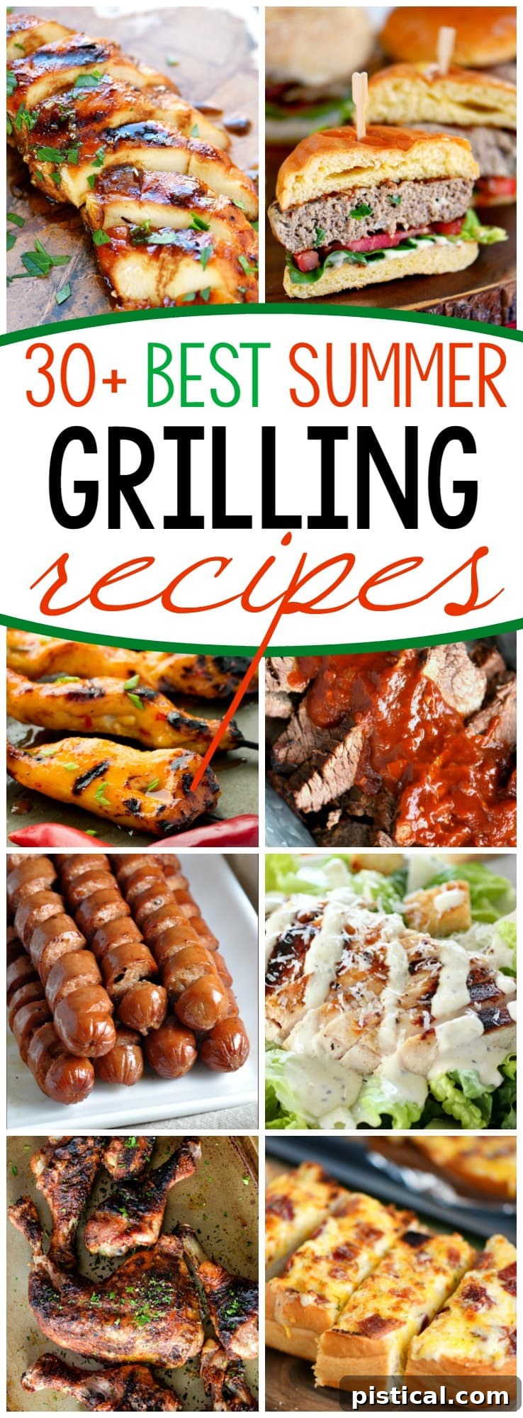 A vibrant collage of various grilled dishes, including chicken, corn, and skewers, under the title '31 Grilling Recipes for Summer'. Perfect for outdoor cooking during hot weather.