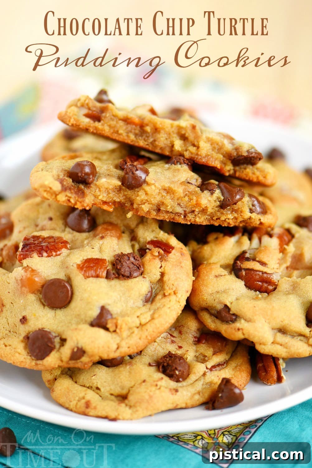 Outrageous Chocolate Chip Turtle Pudding Cookies loaded with chocolate chips, pecans, and caramel. These giant, bakery style cookies are extra chewy and packed with flavor!