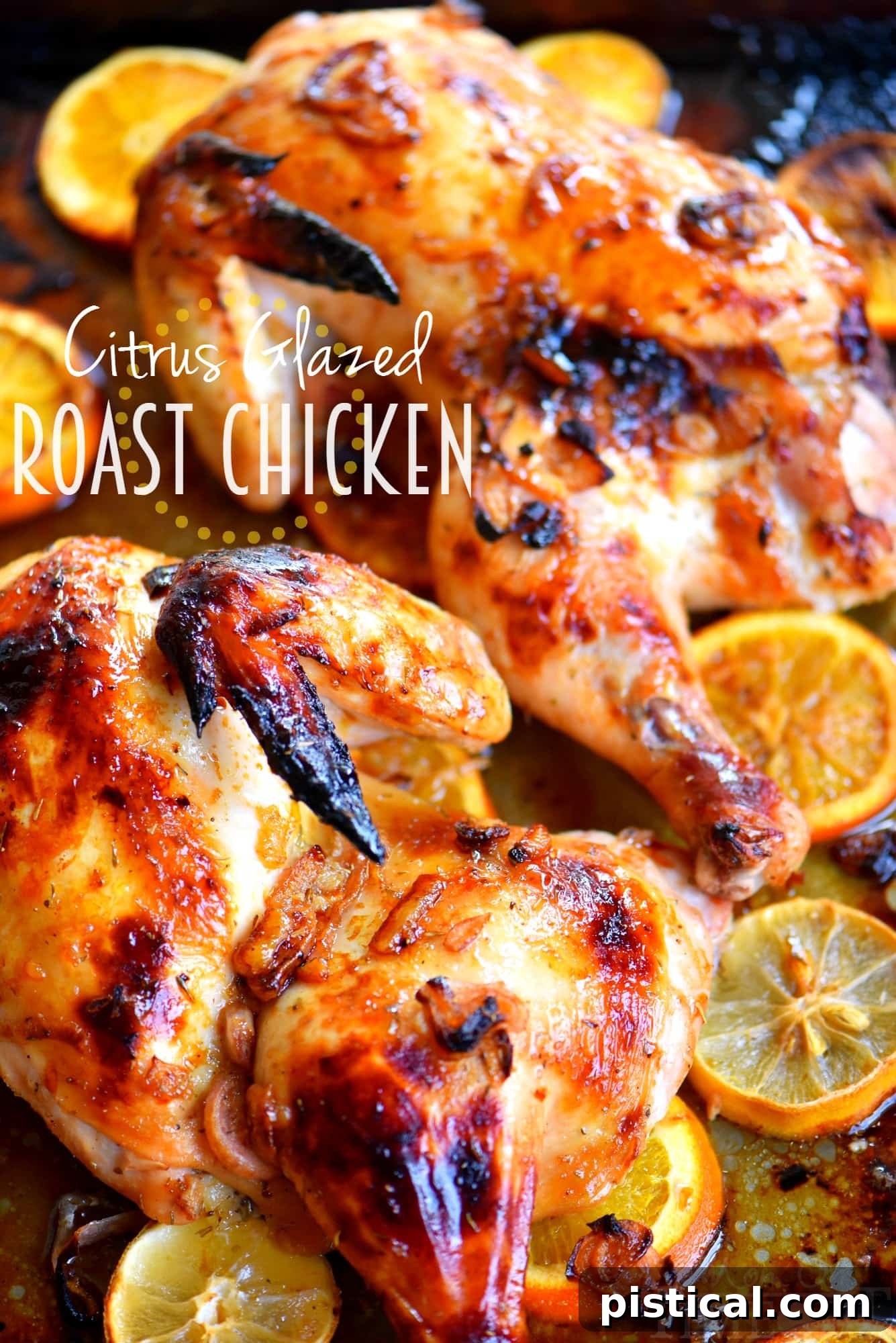 Sun-Kissed Glazed Roast Chicken 2 A perfectly roasted Citrus Glazed Roast Chicken, golden and juicy, on a baking sheet surrounded by citrus slices.