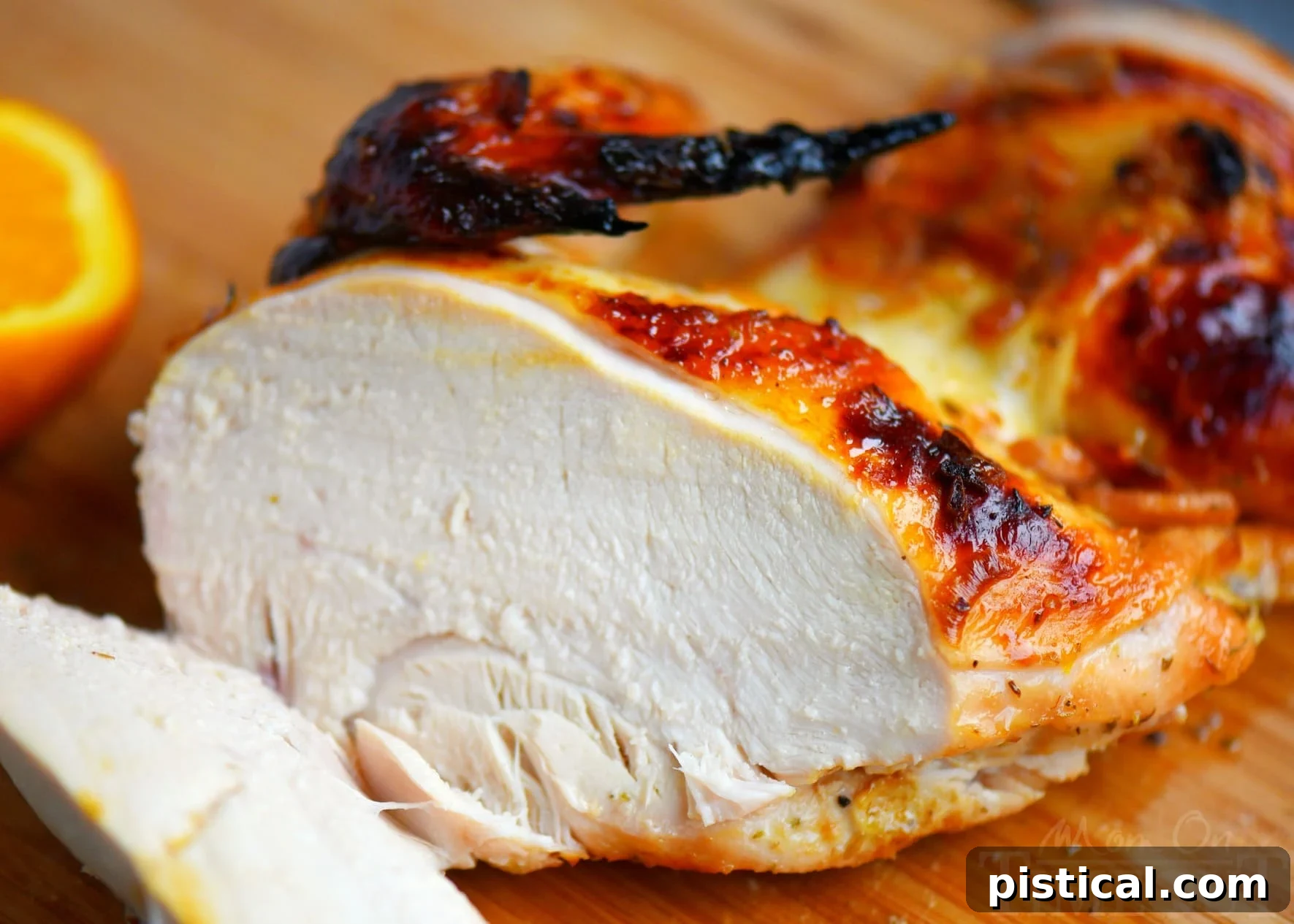 Sun-Kissed Glazed Roast Chicken 3 Close-up of a juicy Citrus Glazed Roast Chicken half with visible caramelized shallots and citrus slices.