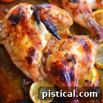 Sun-Kissed Glazed Roast Chicken 5 top down look at half a chicken roasted with a lemon and orange glaze sitting on a sheet pan.