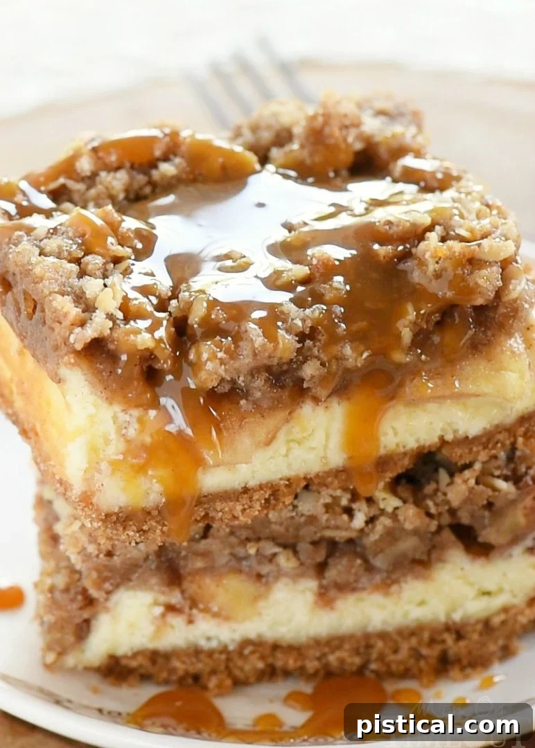 Outrageous Dutch Apple Pie Cheesecake Bars featuring a spiced graham cracker crust, a decadent vanilla bean cheesecake layer, spiced apples, and a crumbly streusel topping – the perfect fall dessert.