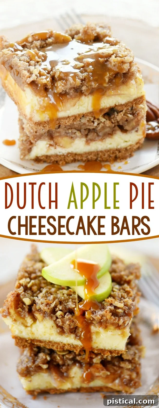 A perfectly portioned Dutch Apple Pie Cheesecake Bar, ready to be enjoyed, showing off its beautiful layers and streusel topping.