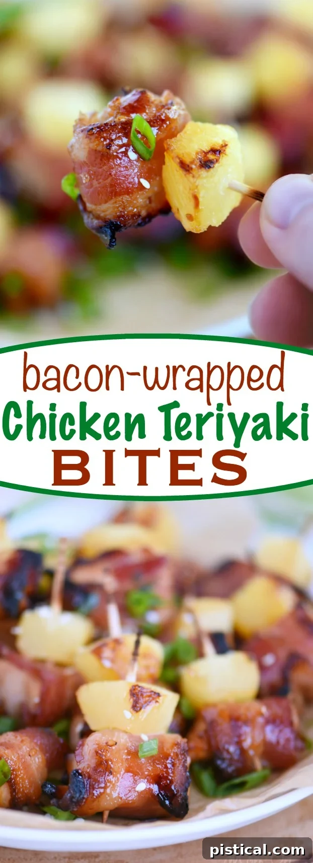 Bacon-Wrapped Teriyaki Chicken Poppers 6 Large platter of Bacon Wrapped Chicken Teriyaki Bites, showcasing their appealing golden-brown color and sweet glaze.
