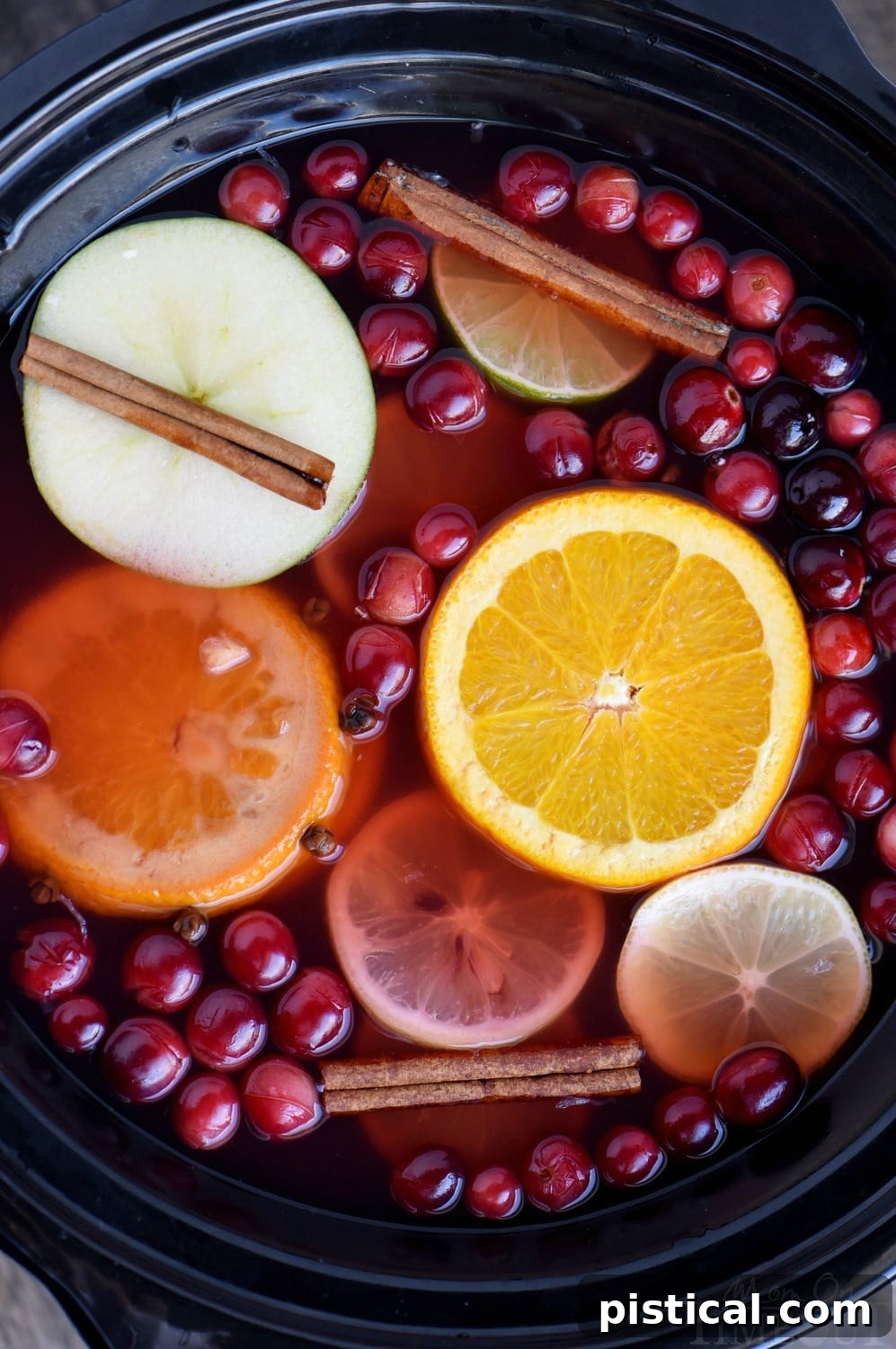 Top-down close-up view of a slow cooker brimming with rich, ruby-red cranberry apple cider, beautifully garnished with vibrant apple and orange slices, fragrant cinnamon sticks, and glistening fresh cranberries floating on top. This image perfectly captures the inviting warmth and festive appeal of the slow cooker beverage.