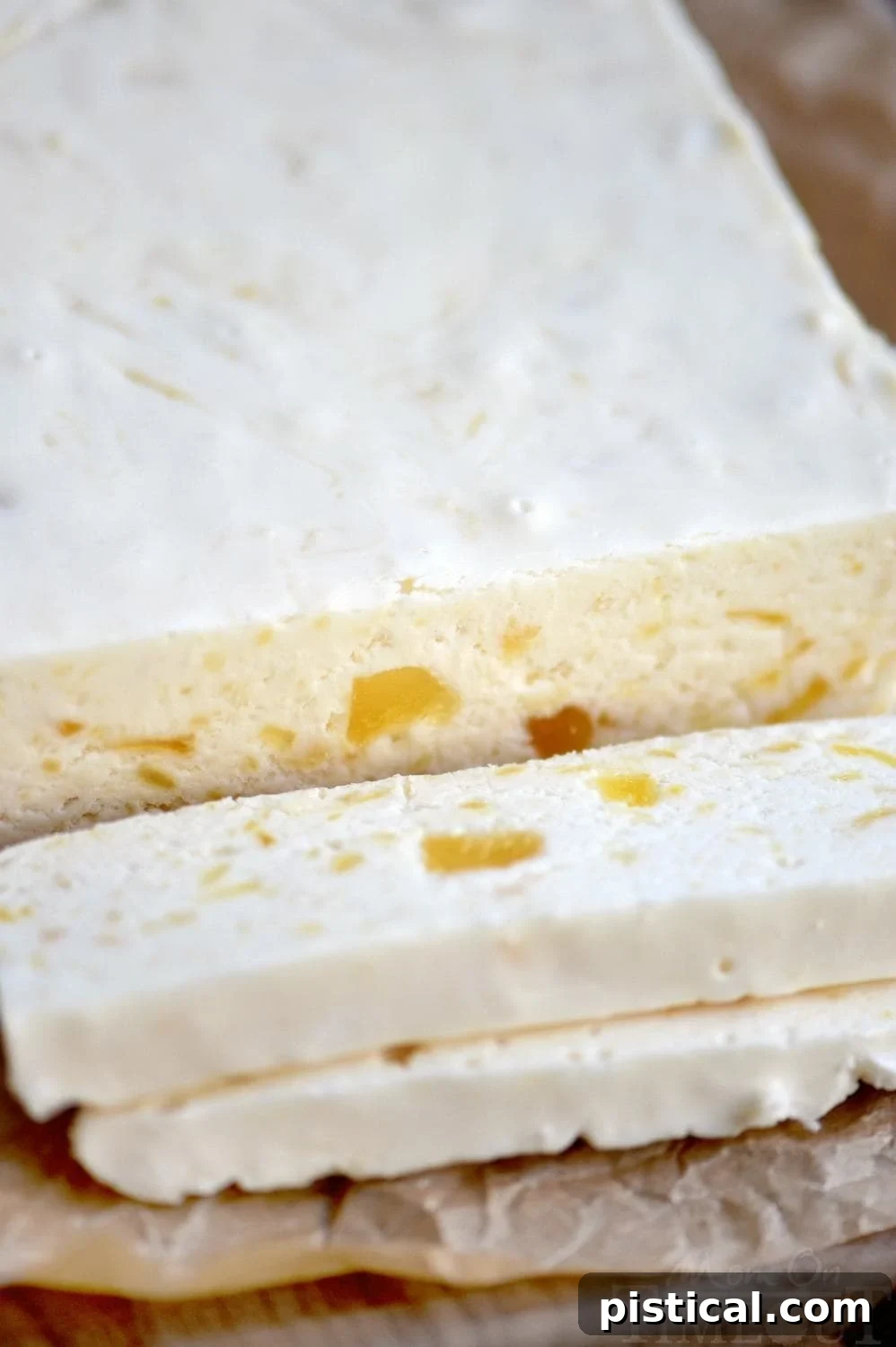 A generous serving of pineapple fudge, showcasing its vibrant yellow hue and appealing texture.