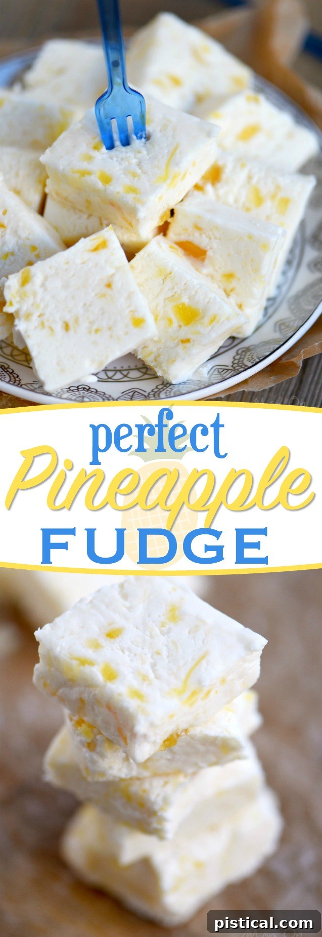 A tall, slender piece of Perfect Pineapple Fudge standing upright on a white surface, highlighting its thickness and texture.