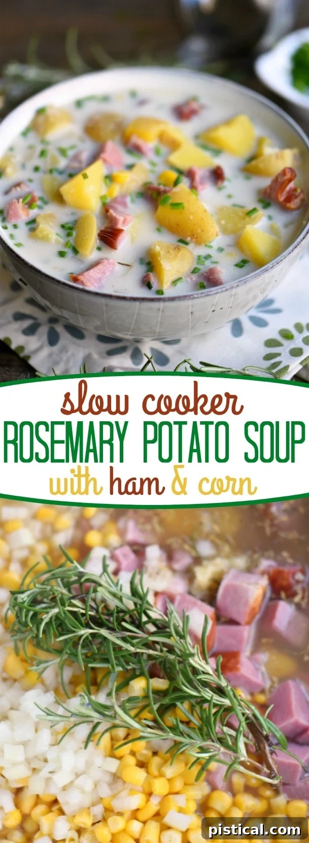 Love slow cooker recipes? This one is for you! This Slow Cooker Rosemary Potato Soup with Ham and Corn is all about filling your belly with goodness and warmth! Weeknight dinners have never tasted this good! // Mom On Timeout