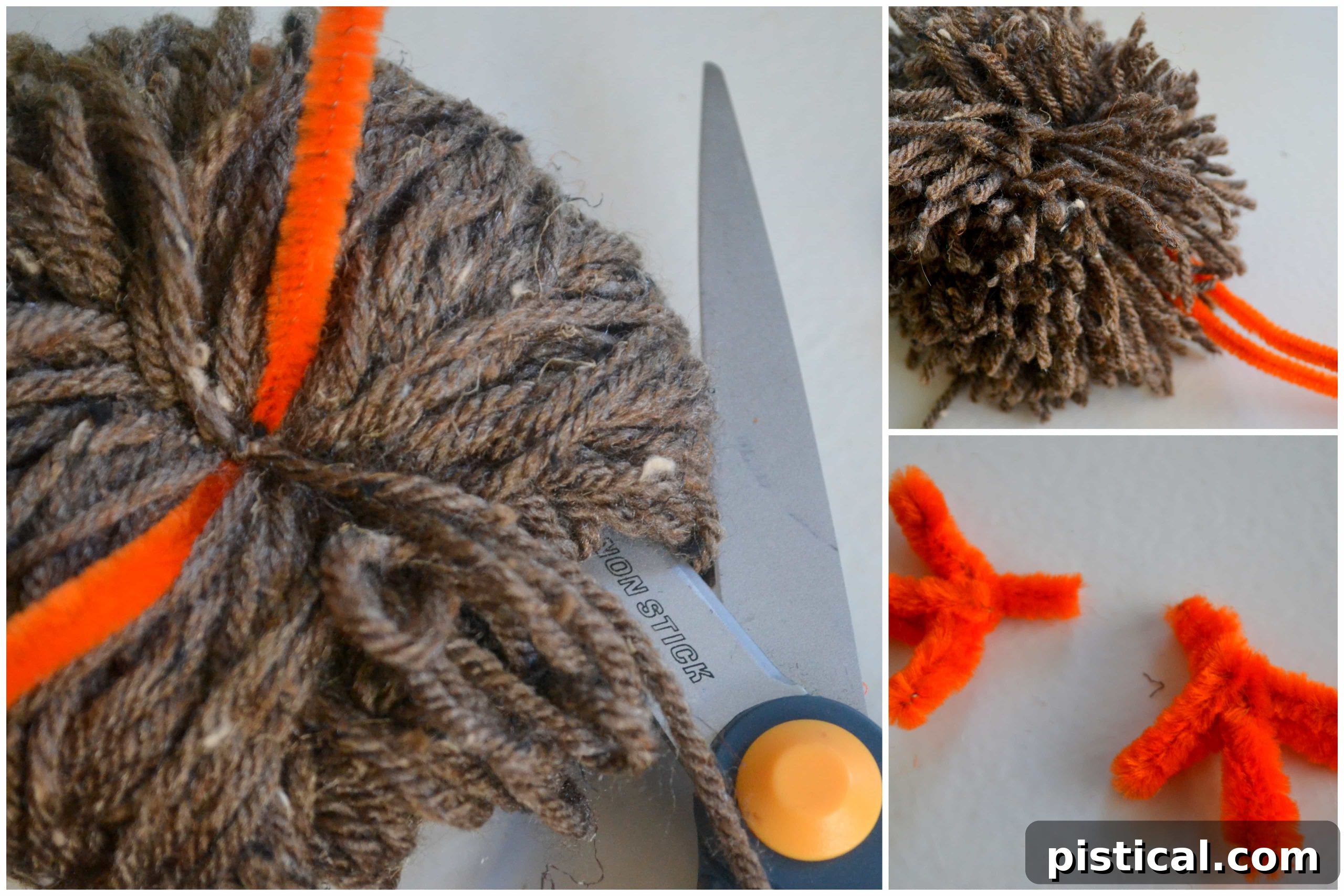 Pom Pom Turkeys Step 2: Cutting Loops and Adding Feet Pom Pom Turkeys Step 2