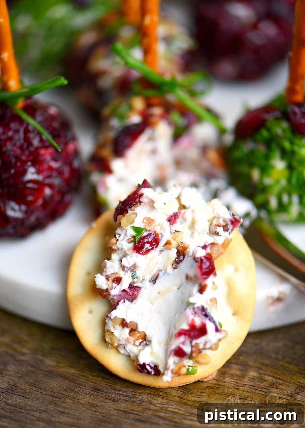 Sweet and Tangy Cranberry Pecan Goat Cheese Truffles 4 Festive platter of Cranberry Pecan Mini Goat Cheese Balls, some with decorative chive bows on pretzel sticks, ready for holiday guests. Easy make-ahead appetizer.