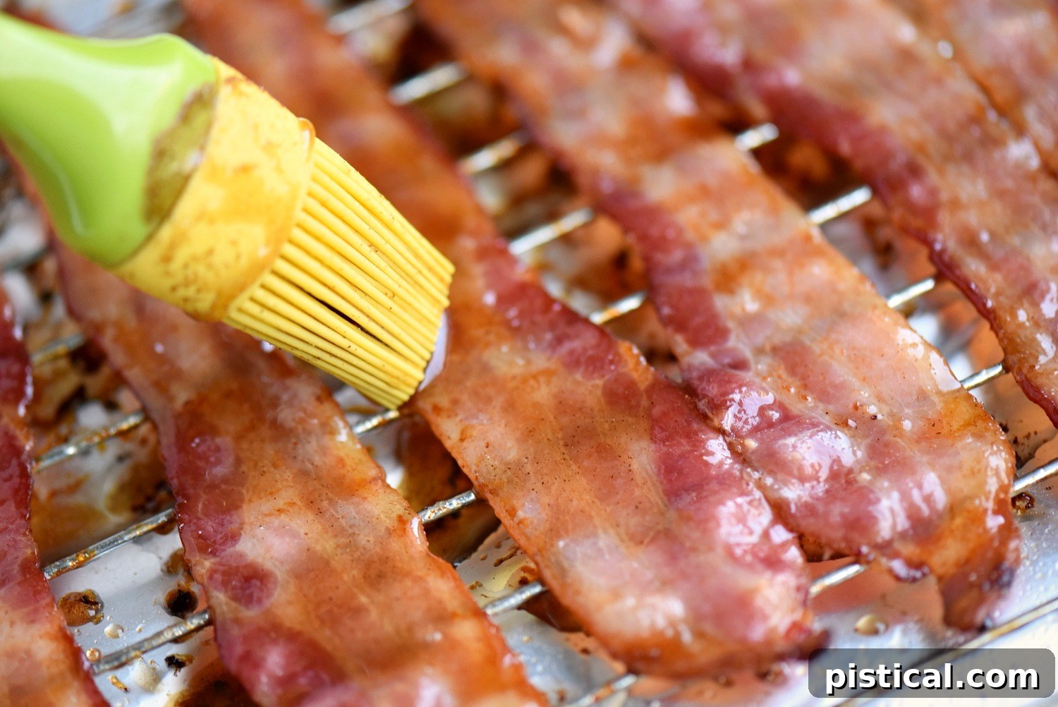 Slices of maple-glazed bacon baking on a rack over a foil-lined baking sheet, showing the glistening glaze.