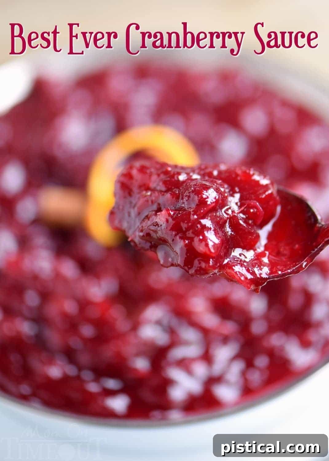 Delicious homemade cranberry sauce, garnished with fresh orange slices and a cinnamon stick, served in a festive white bowl.