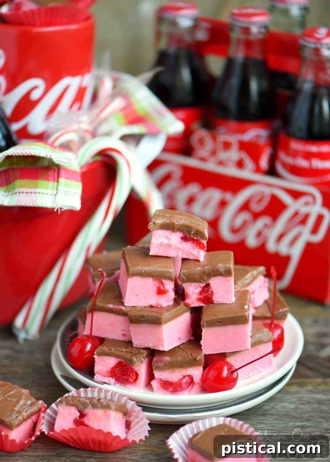 An array of Cherry Coke Fudge pieces artfully arranged on a serving plate, ready to be enjoyed by guests