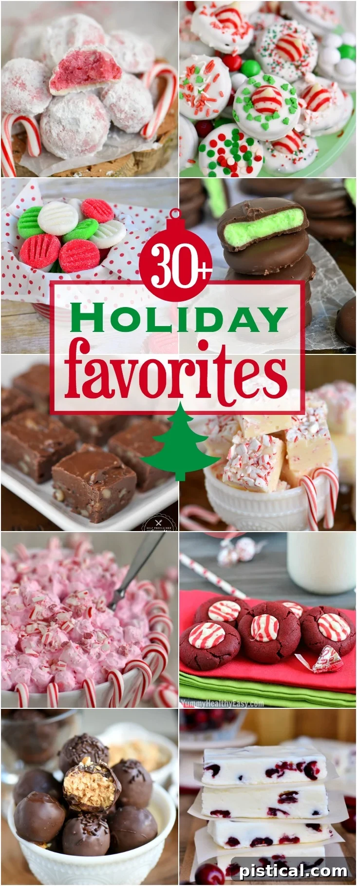 Thirty Festive Favorites 2 A vibrant collage of various holiday recipes: candies, cookies, desserts, appetizers, and main dishes, showcasing the best of festive food.