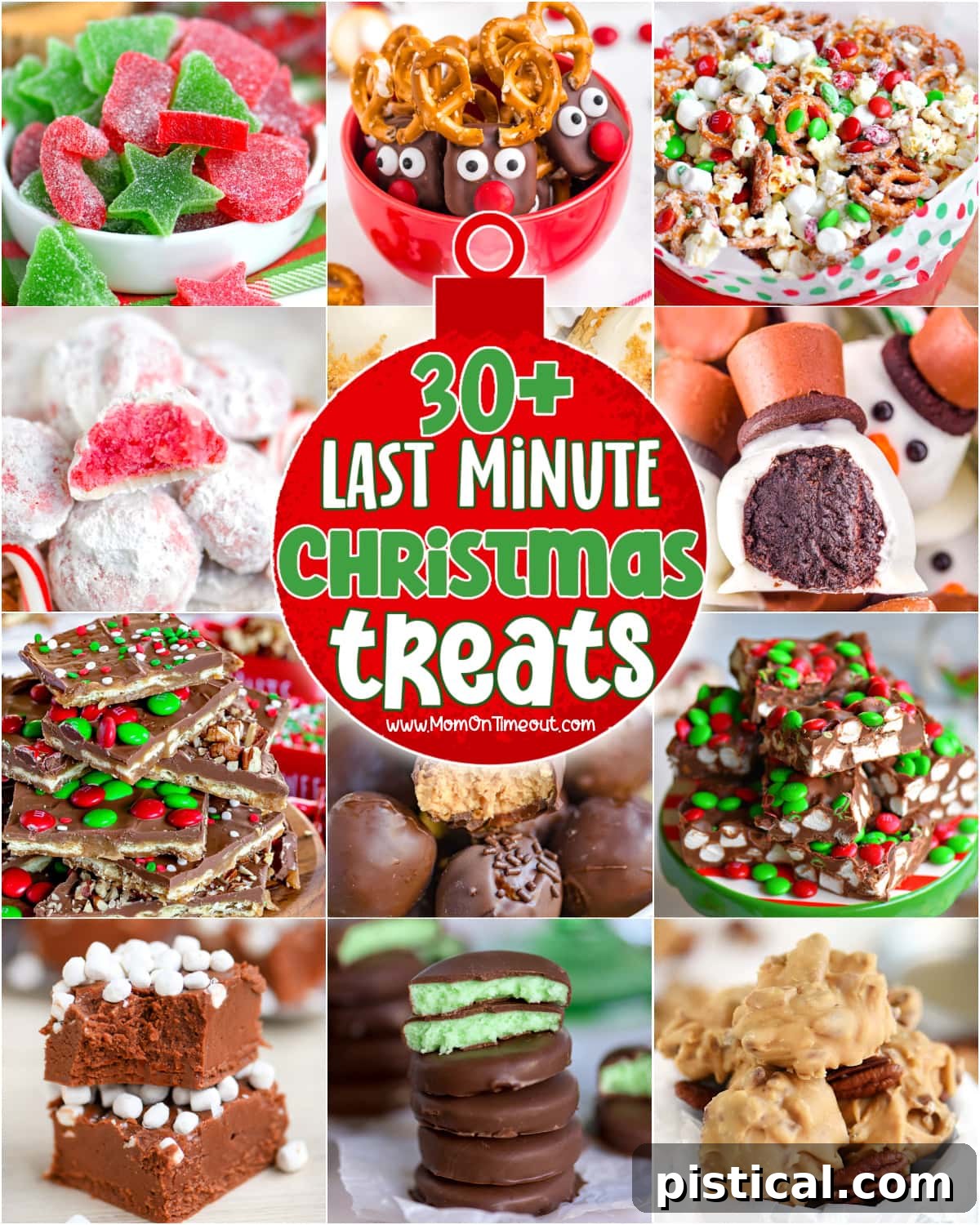 A vibrant 12-image collage showcasing a variety of quick and easy Christmas treats that can be prepared at the last minute, featuring cookies, fudge, and festive snacks.