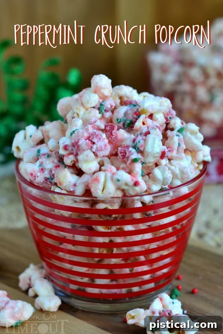 Festive Peppermint Crunch Popcorn, a sweet and minty snack perfect for the holidays.