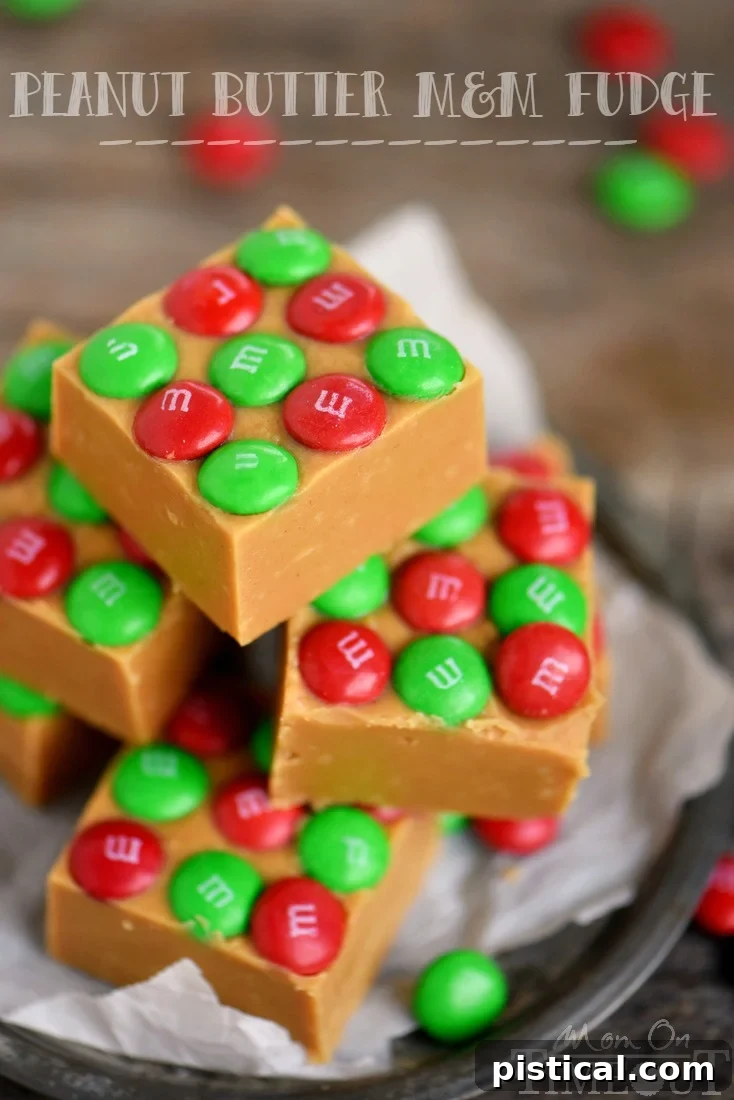 Outrageous Peanut Butter M&M Fudge, a rich and colorful holiday treat.