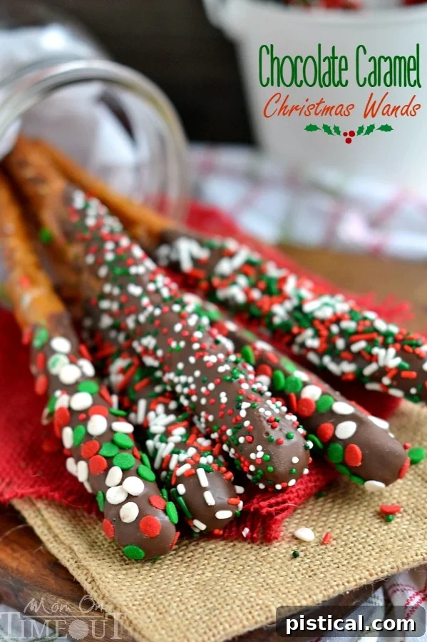 Whimsical Chocolate Caramel Christmas Wands, decorated festively for kids' holiday fun.
