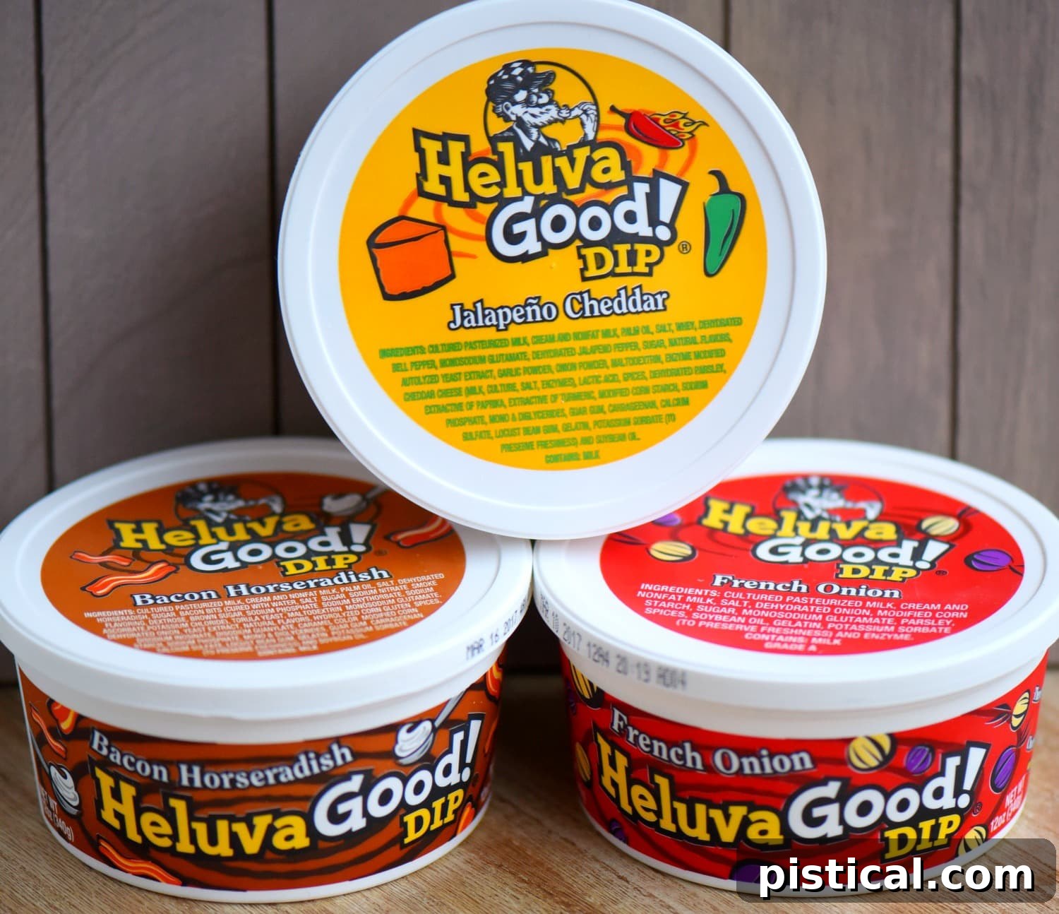 Thirteen Touchdown Dips 3 A vibrant selection of Heluva Good! Dips, including French Onion, Bacon Horseradish, and Jalapeno Cheddar, perfectly paired with various game day dippers.