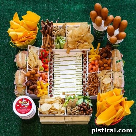 Thirteen Touchdown Dips 4 Creative snack stadium layout featuring a variety of game day appetizers and dips, perfect for entertaining.
