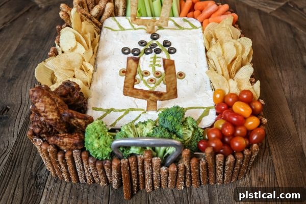 Thirteen Touchdown Dips 6 A unique snack stadium concept, featuring an array of appetizers creatively displayed for a festive game day party.