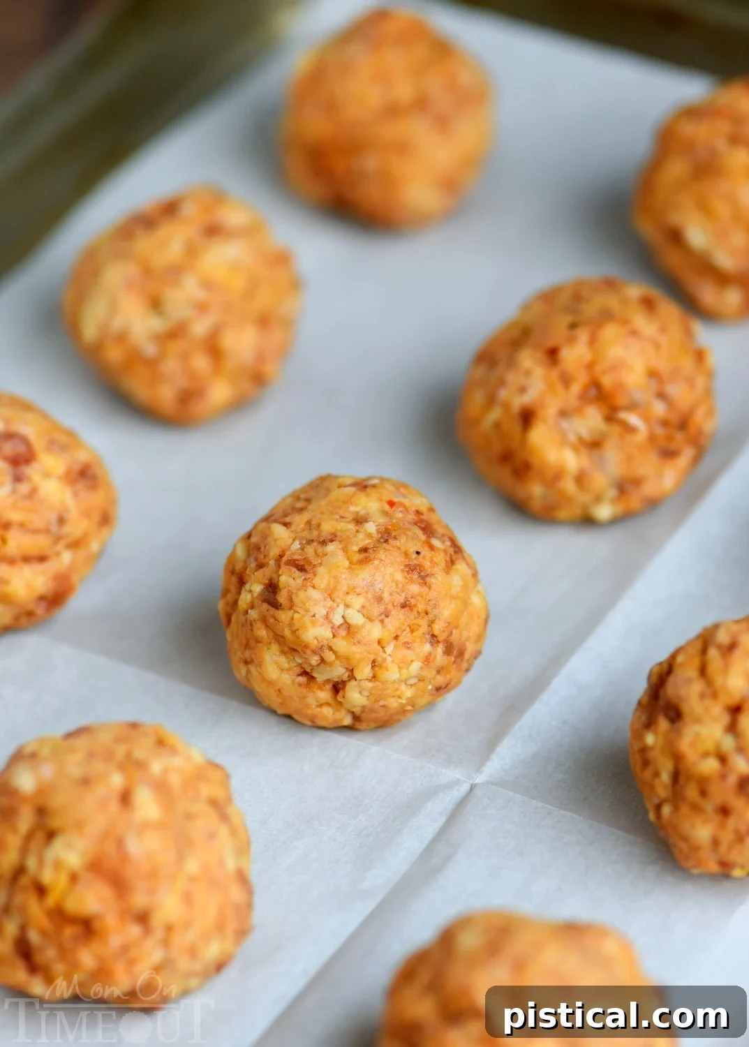 The BEST Sausage Balls are guaranteed to be a hit at your next party! So delicious, incredibly easy and perfect for game day! We like to dip them in ranch, bbq sauce, or marinara - so good! Ingredients for Bisquick sausage balls, including baking mix, cheese, and sausage, laid out on a kitchen counter.