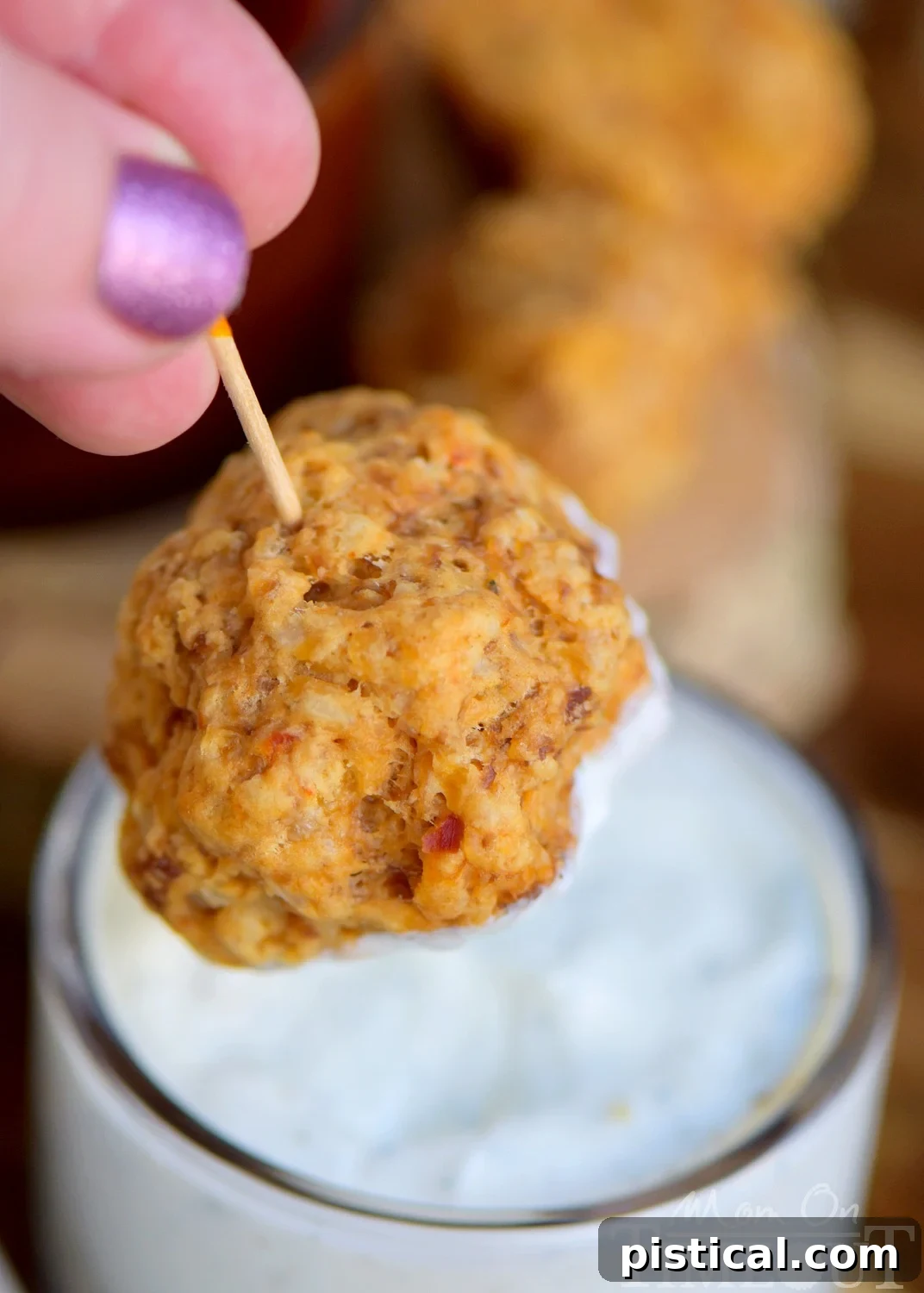 The BEST Sausage Balls are guaranteed to be a hit at your next party! So delicious, incredibly easy and perfect for game day! We like to dip them in ranch, bbq sauce, or marinara - so good! A close-up of baked sausage cheese balls, glistening and golden, with a bowl of dipping sauce in the background.