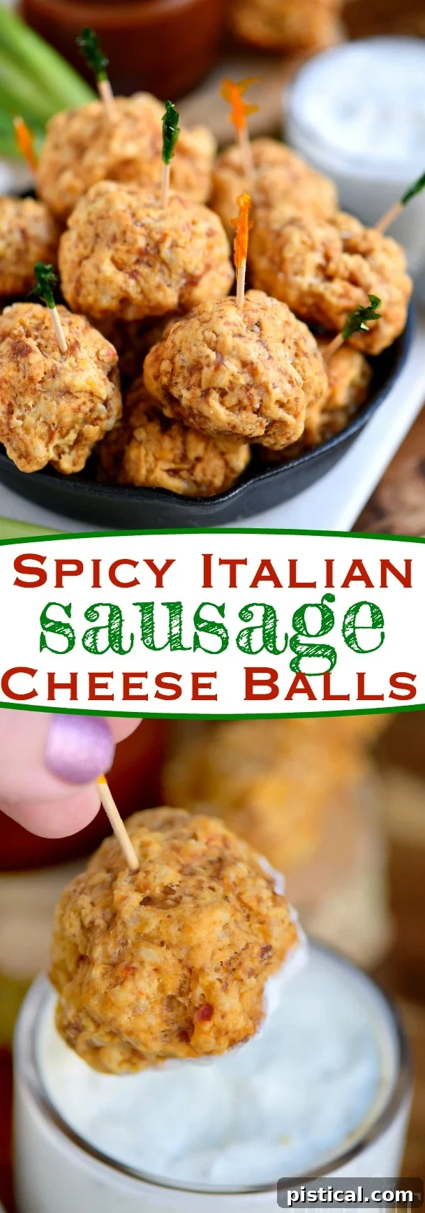 These Spicy Italian Sausage Cheese Balls are guaranteed to be a hit at your next party! So easy to make and perfect for game day! We like to dip them in ranch, bbq sauce, or marinara - so good! A collage of sausage ball photos, showcasing different angles and preparations, emphasizing their deliciousness.